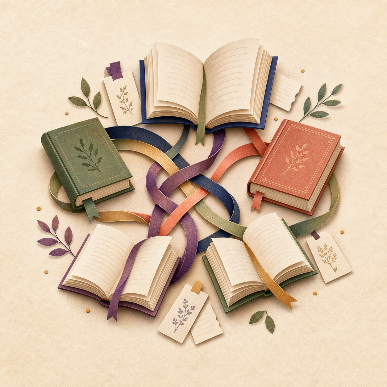 Open books woven together with colored ribbons, surrounded by parchment bookmarks and pressed leaves